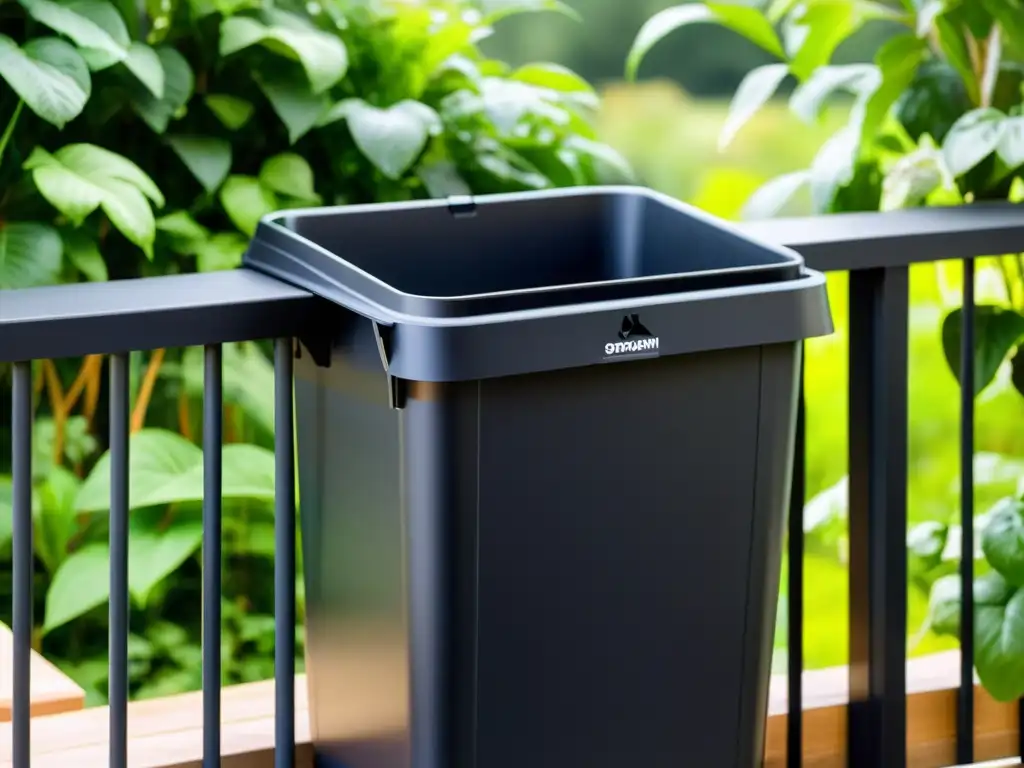 Un equipo compacto para compostaje en balcones con diseño moderno, sobre un balcón con plantas verdes vibrantes al fondo