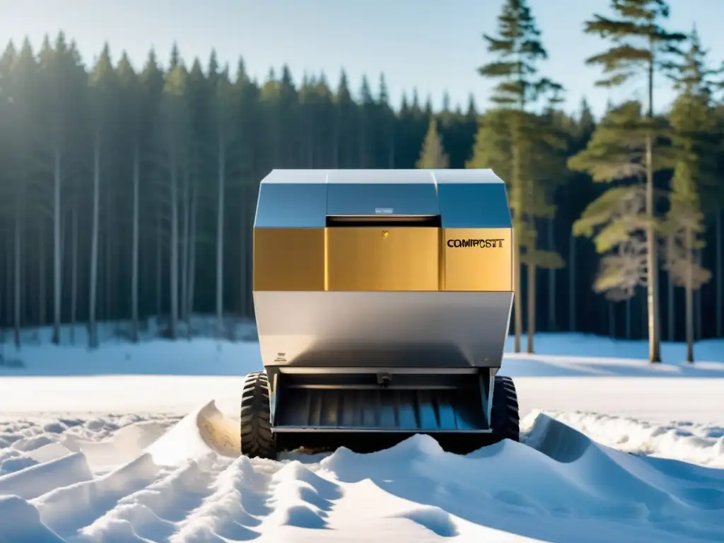 Equipo de compostaje para climas fríos: máquina moderna de acero inoxidable en paisaje nevado y bosque invernal iluminado por el sol