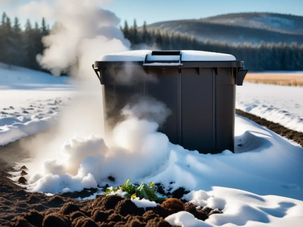 Equipo de compostaje para climas fríos: compostera de plástico oscuro rodeada de nieve, con vapor saliendo, resaltando la compostación invernal