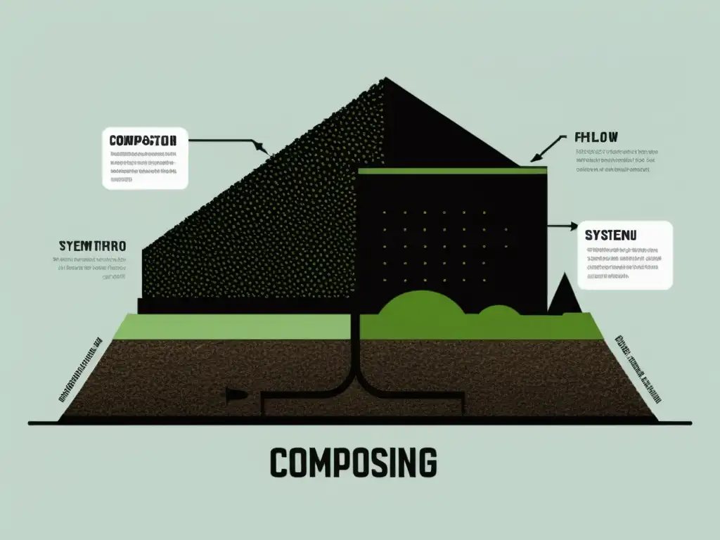 Equipo de compostaje con filtrado de olores: ilustración minimalista que muestra el flujo de aire y la eliminación de partículas de olor, con aire fresco y limpio saliendo del sistema