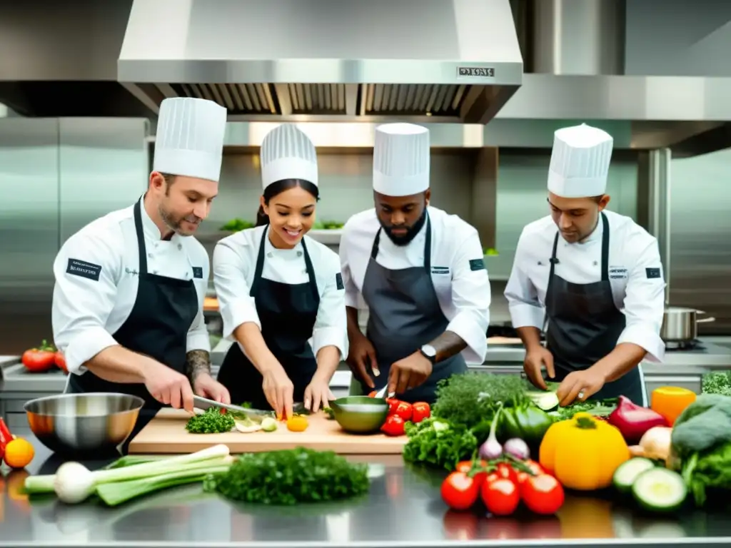 Un equipo diverso de chefs preparando ingredientes frescos en una cocina moderna y bien iluminada