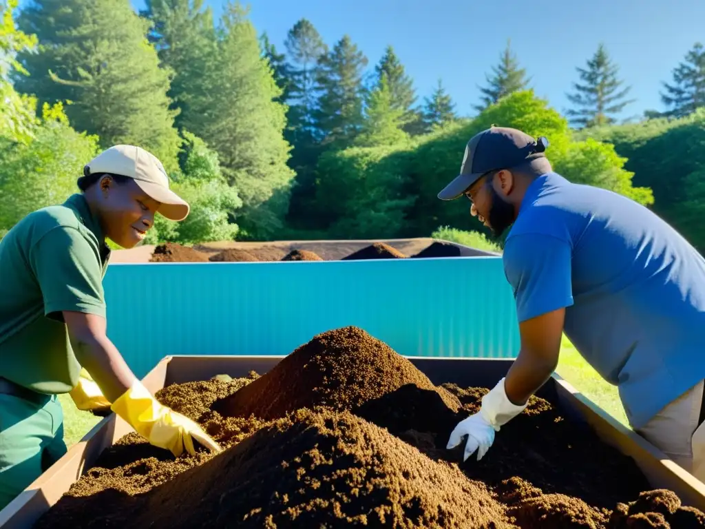 Equipo diverso aerando compost en instalación comunitaria bajo el sol