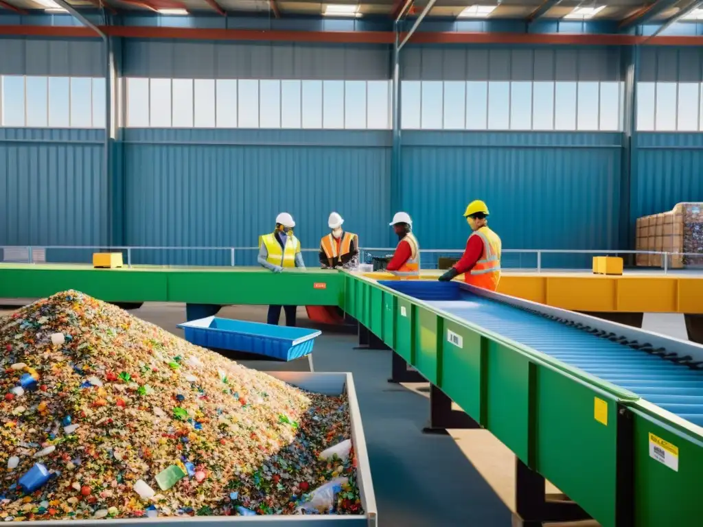 Equipo diverso implementando economía circular en reciclaje de materiales en moderna planta de reciclaje, con colores vibrantes