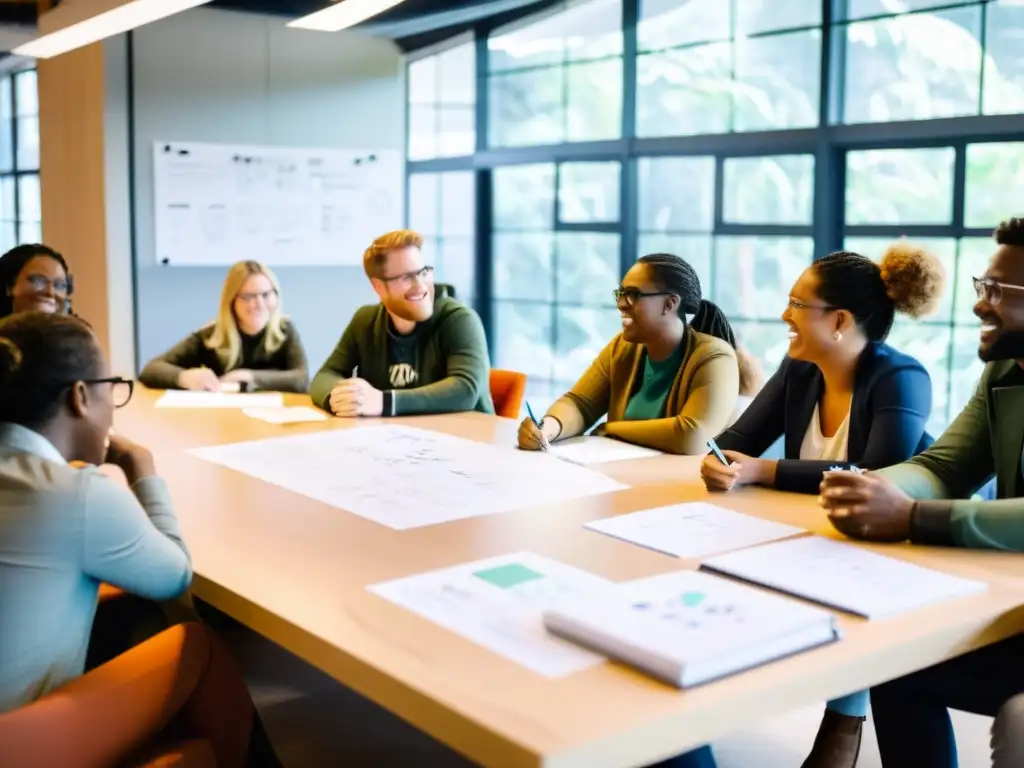 Equipo diverso colaborando en ideas creativas para productos sostenibles, en una atmósfera dinámica e innovadora