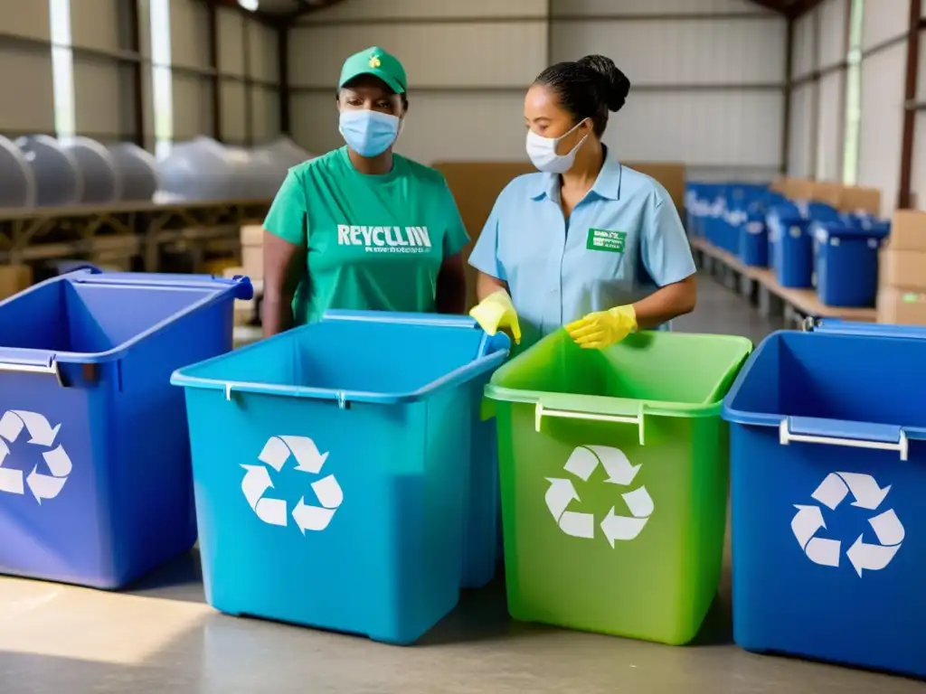 Un equipo diverso trabaja unido en una instalación de reciclaje, organizando y recolectando residuos plásticos