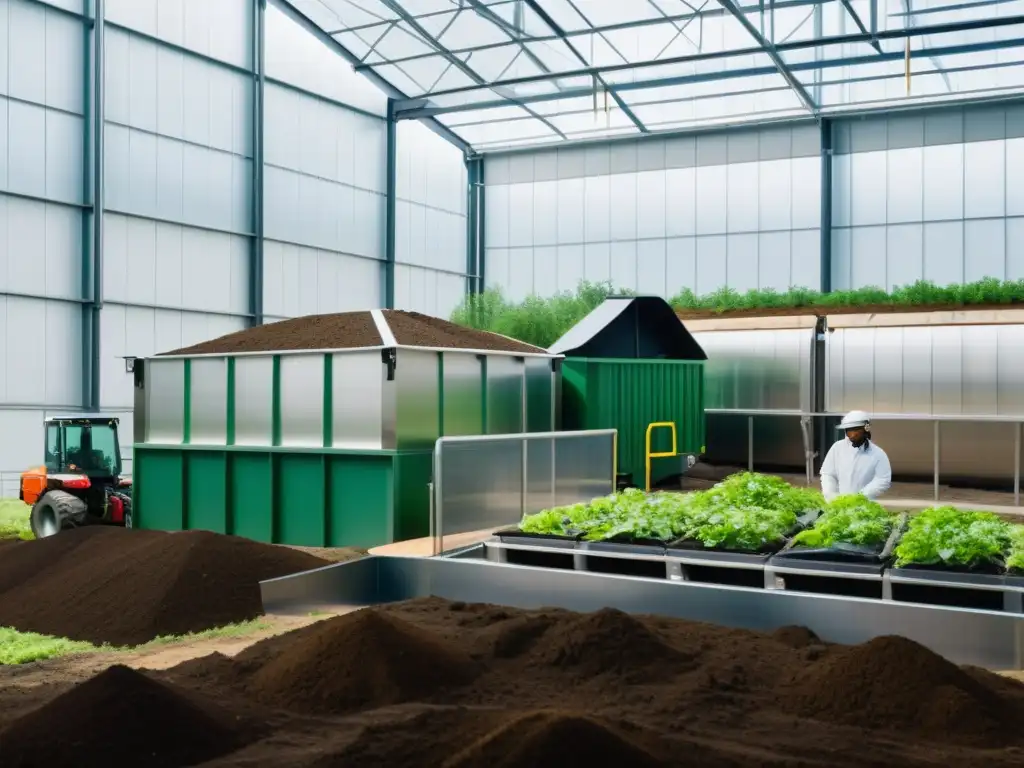 Instalación de compostaje industrial moderna, sostenible y eficiente Equipo en empresa innovadora residuos orgánicos, gestionando moderna planta de compostaje rodeada de naturaleza y luz natural