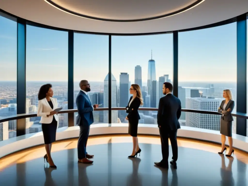 Un equipo de profesionales diversos colaborando en un espacio de oficina moderno con vista a la ciudad