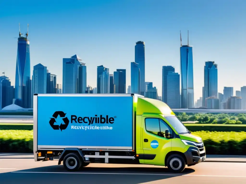 Un equipo de trabajadores clasifica y carga materiales reciclables en un camión de reparto eléctrico, con el skyline de una ciudad al fondo