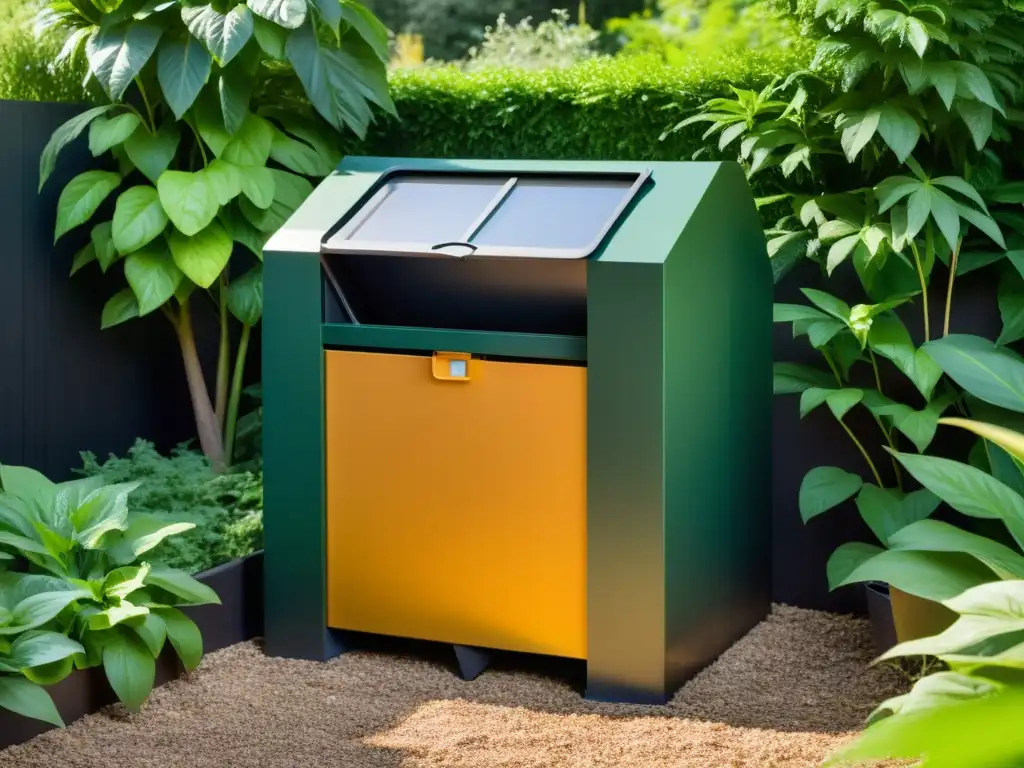 Equipos compostaje materiales sostenibles: Un elegante contenedor de compostaje reciclado en un exuberante jardín, bajo la cálida luz del sol