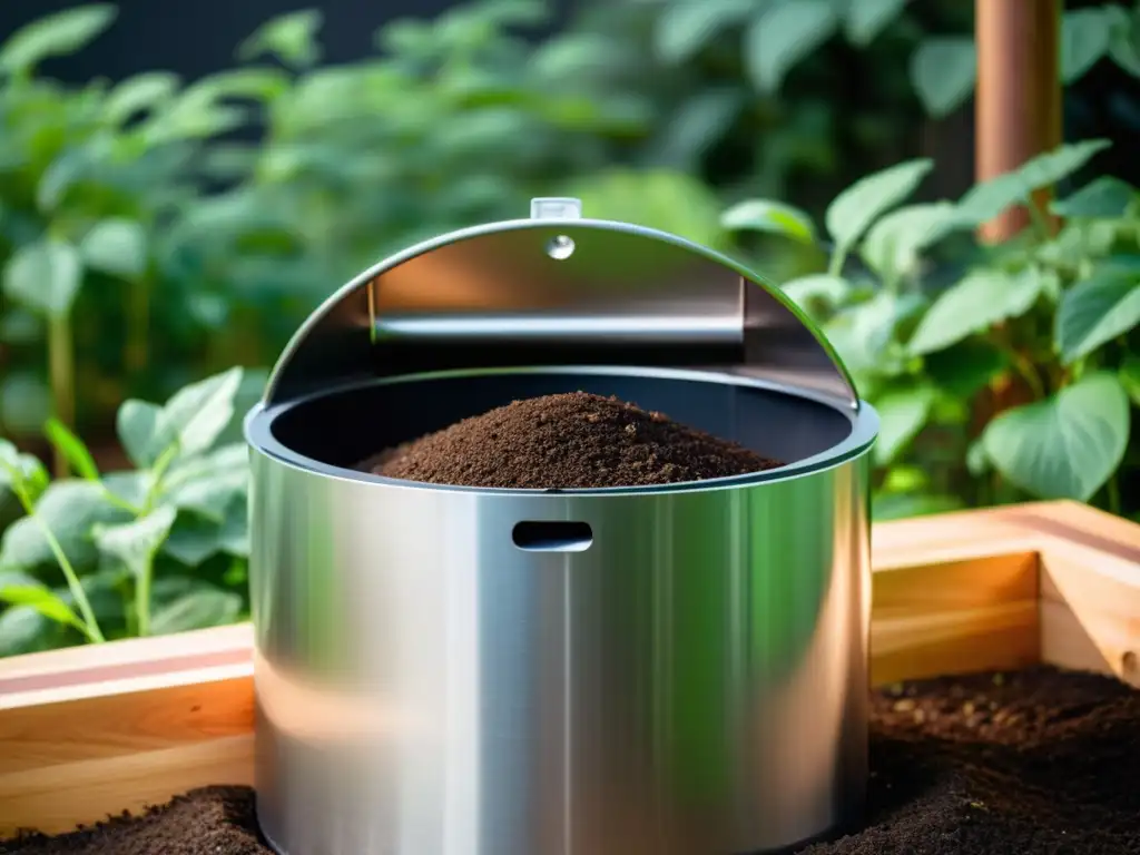 Equipos de compostaje modernos: el brillo del acero inoxidable contrasta con el compost vibrante