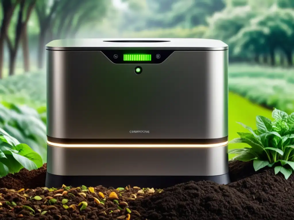 Equipos tecnológicos para compostaje en casa: una máquina de compostaje de diseño aerodinámico con interfaz digital, rodeada de exuberante vegetación