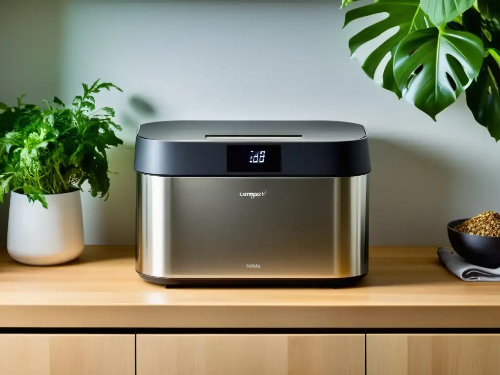 Equipos tecnológicos para compostaje en casa: máquina elegante de compostaje en una cocina moderna, convirtiendo residuos orgánicos en compost nutritivo