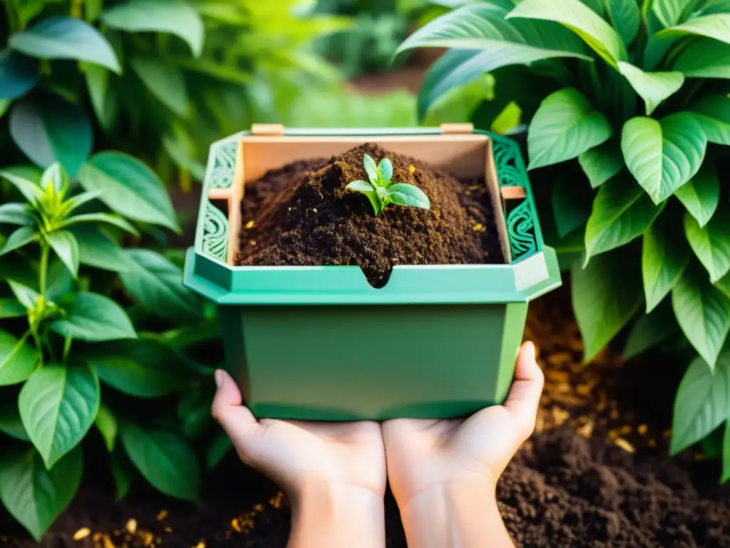 Una escena armoniosa de compostaje en casa, con un hermoso contenedor rodeado de plantas vibrantes y suelo fértil