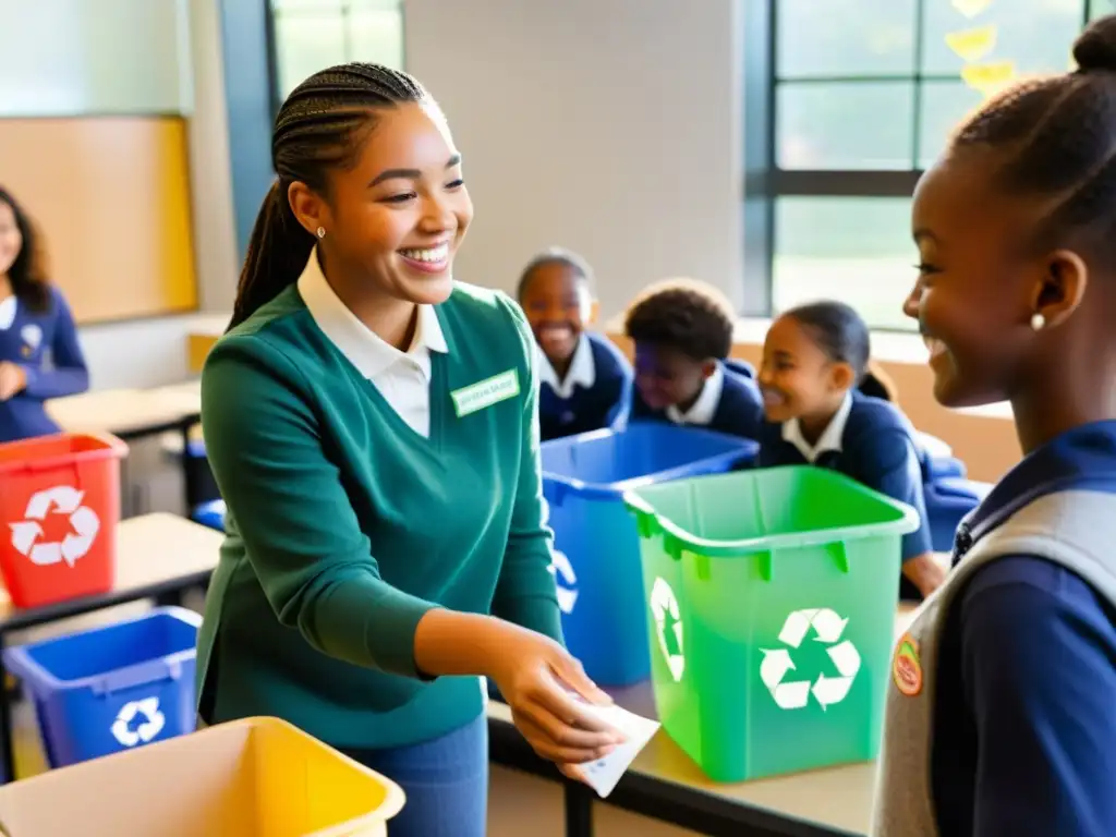 Escena en aula con estudiantes diversos participando entusiastas en actividad de reciclaje