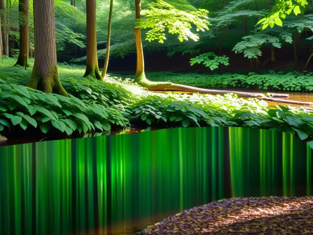 Escena de bosque verde exuberante con luz solar filtrándose a través del dosel, creando sombras moteadas en el suelo del bosque