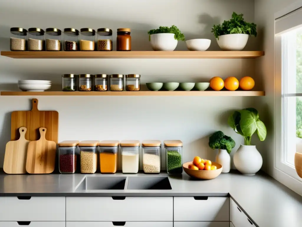 Escena de cocina minimalista con estantes organizados, alimentos frescos y planificación semanal