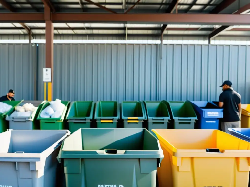 Una escena minimalista de un bullicioso centro local de reciclaje, con contenedores organizados para diferentes materiales reciclables