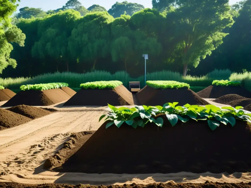 Una escena serena y armoniosa de una instalación de compostaje, donde las alianzas verdes en el sector potencian la sostenibilidad