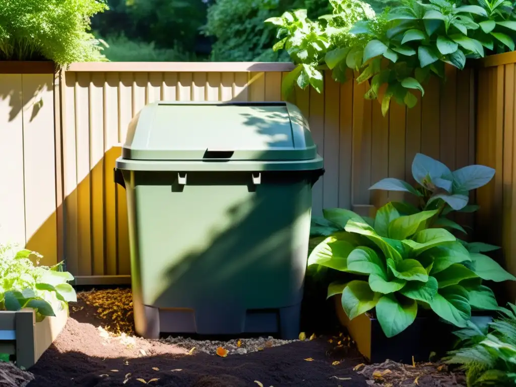 Una escena serena de compostaje en casa con técnicas sostenibles, rodeada de plantas y naturaleza exuberante