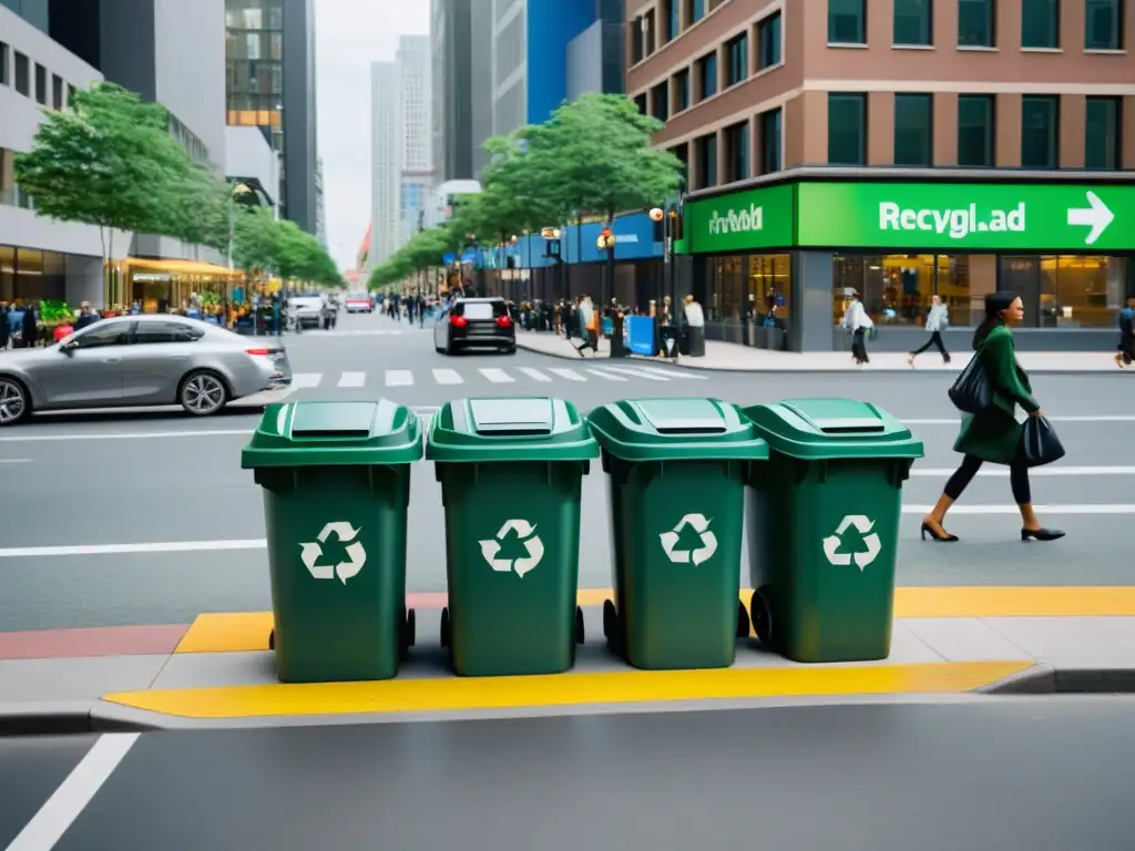 Escena urbana con contenedores de reciclaje y diversidad de personas participando