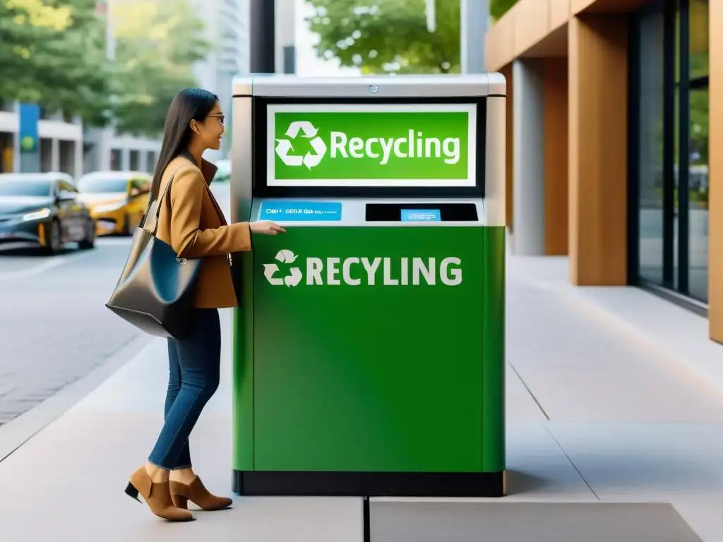 Una escena urbana moderna con un kiosco de reciclaje electrónico y personas de todas las edades y orígenes reciclando