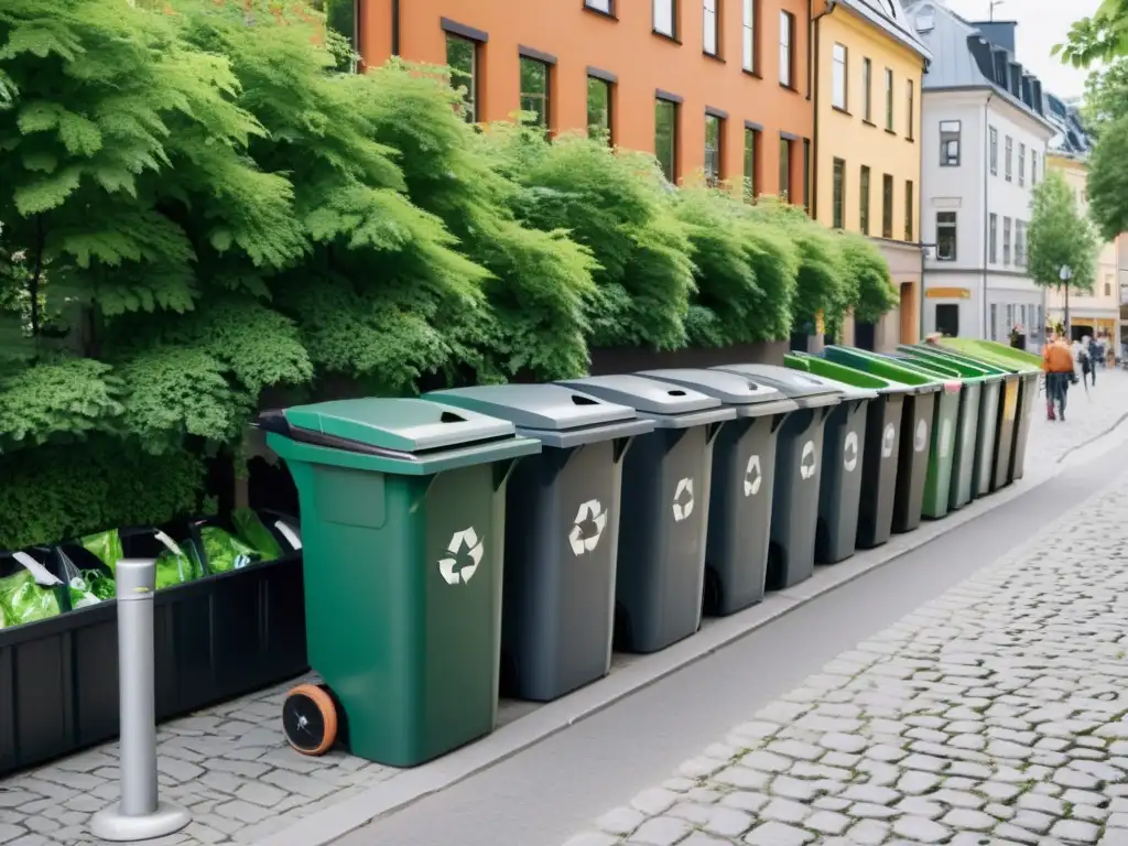 Escena urbana en Suecia con reciclaje en el hogar práctico, personas clasificando residuos junto a modernos edificios y vegetación exuberante