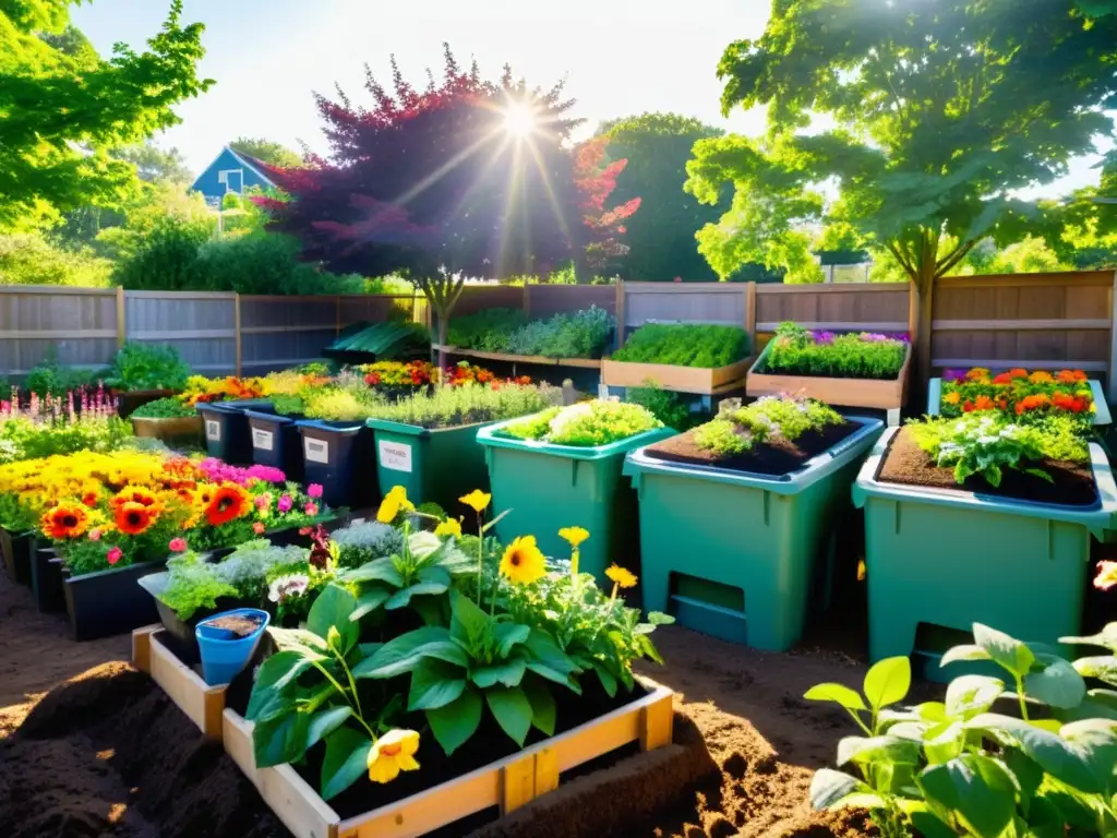 Una escena vibrante de un jardín comunitario con flores coloridas y vegetación exuberante