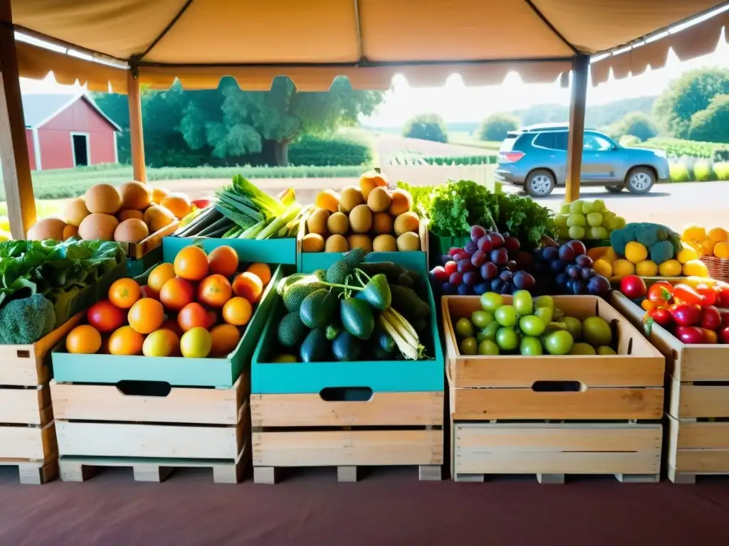 Mercado orgánico: colores frescos y naturales Una escena vibrante de un puesto de mercado lleno de frutas y verduras orgánicas, resaltando los beneficios de comprar productos ecológicos