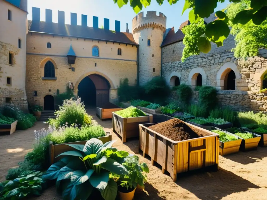 Un escenario medieval de compostaje con un gran contenedor de madera lleno de desechos orgánicos, rodeado de plantas y hierbas