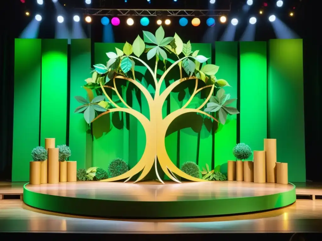 Escenario minimalista con árbol de botellas de plástico y telas recicladas