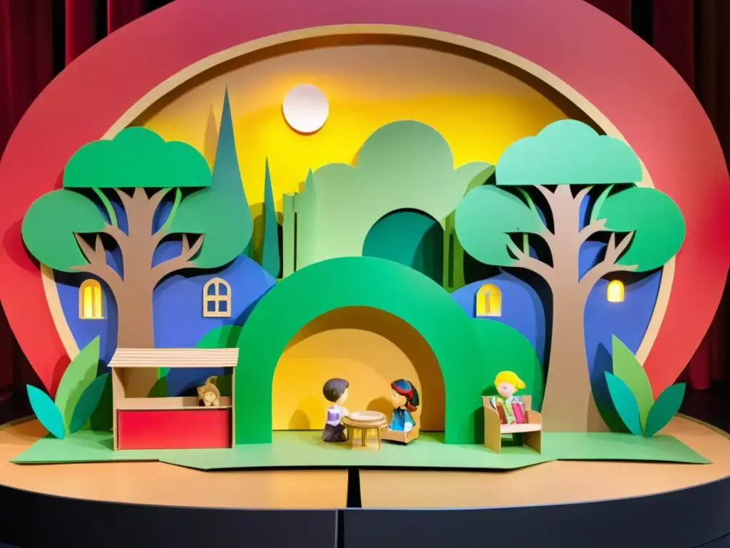 Escenario de teatro infantil sostenible, con escenografía colorida hecha de materiales reciclados