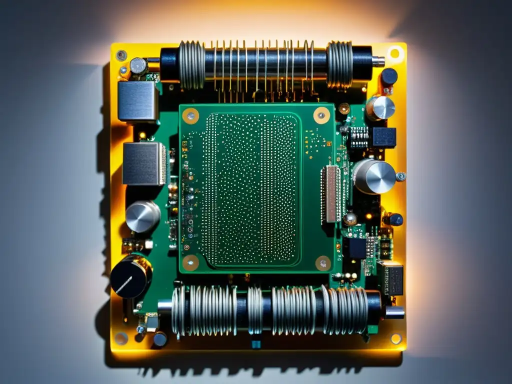 Escultura de arte con componentes electrónicos obsoletos, diseño moderno y contrastes visuales impactantes