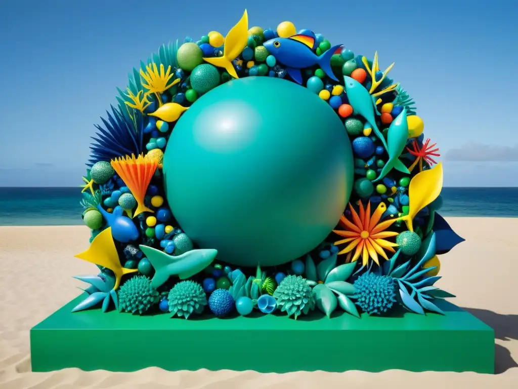 Escultura de artistas plásticos reciclados mensaje, detallada y vibrante, representa la lucha de la vida marina entre desechos plásticos