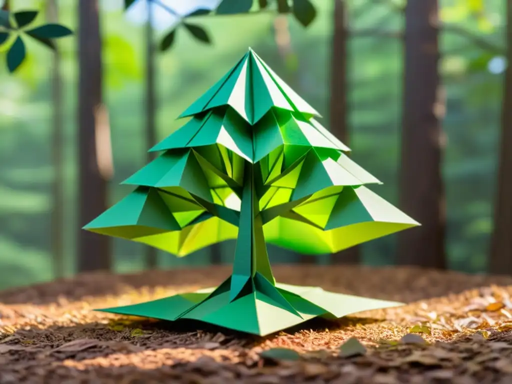 Escultura de papiroflexia de un majestuoso árbol de papel reciclado en un frondoso bosque, evocando belleza natural y creatividad educativa