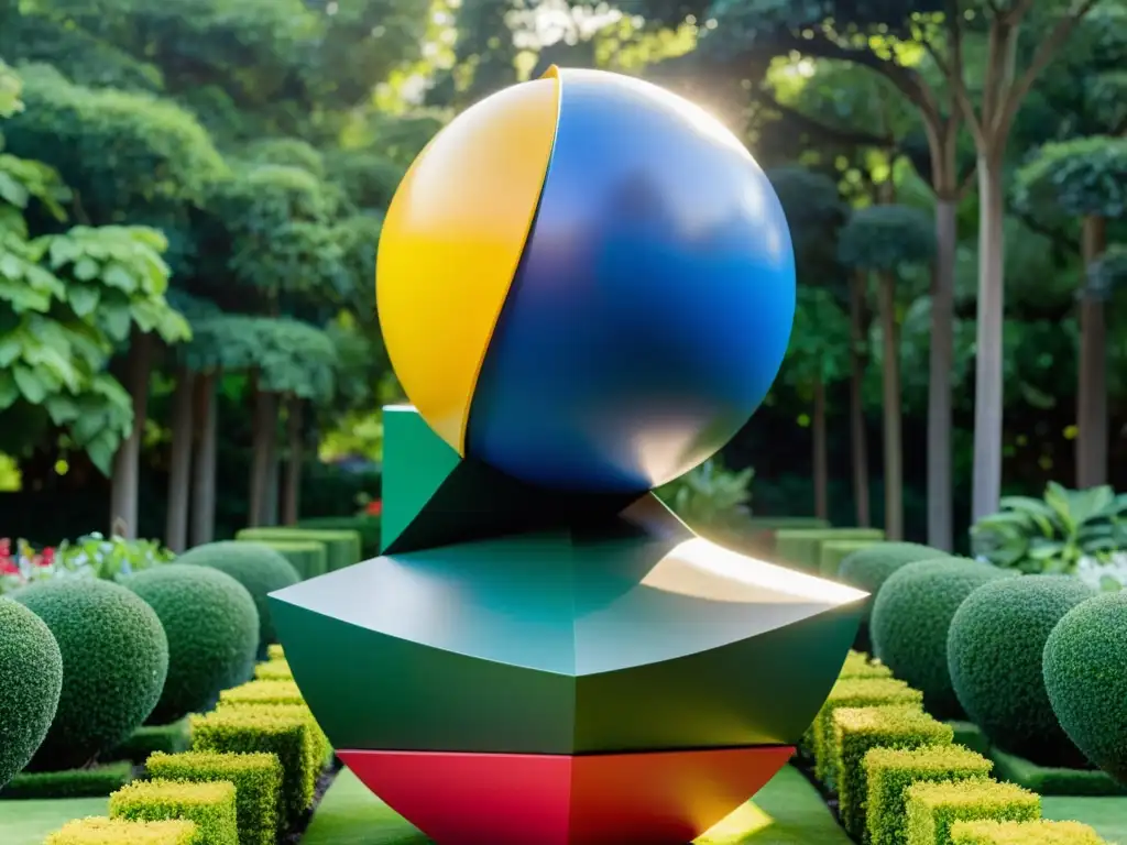 Escultura de plástico reciclado en jardín verde, transmitiendo mensaje de artistas plásticos reciclados