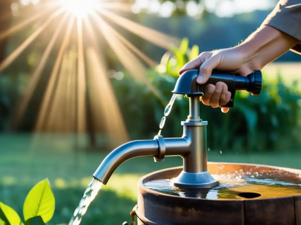 Mano operando bomba de agua manual: conexión humana y naturaleza Uniendo esfuerzo humano y acceso al agua limpia