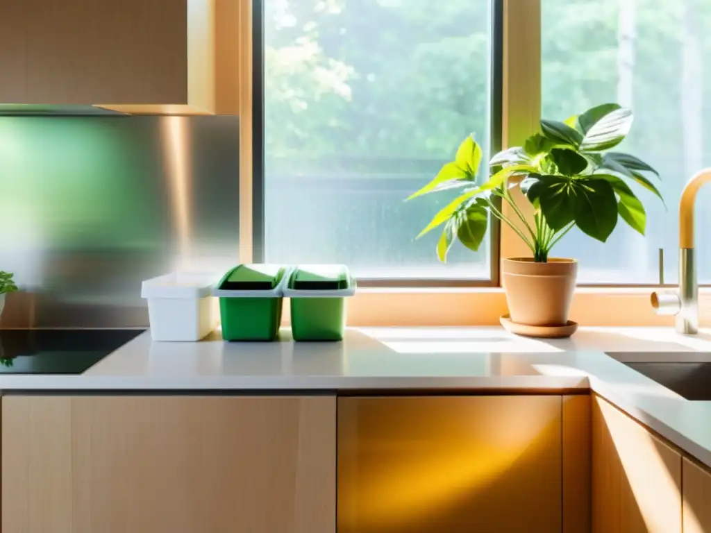 Un espacio de cocina minimalista con contadores blancos y gabinetes de madera clara