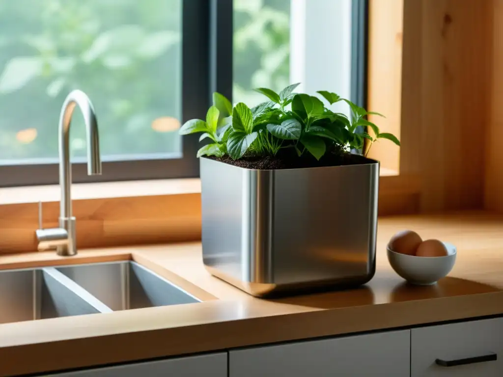 Un espacio de cocina minimalista con un contenedor de compostaje de acero inoxidable junto a una planta de hierbas en maceta