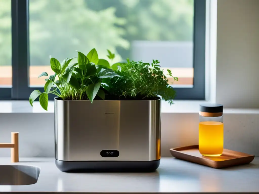 Un espacio de cocina minimalista con un elegante contenedor de compostaje de acero inoxidable junto a una planta de hierbas