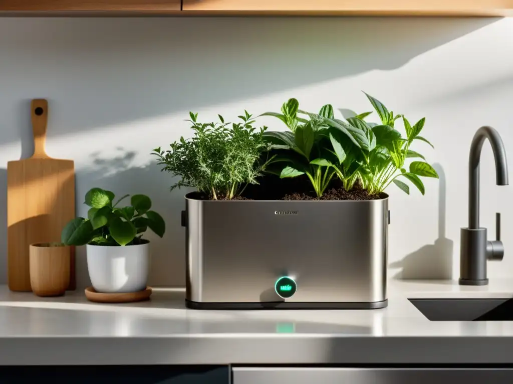 Un espacio de cocina minimalista con un elegante contenedor de compostaje de acero inoxidable junto a una planta de hierbas en maceta