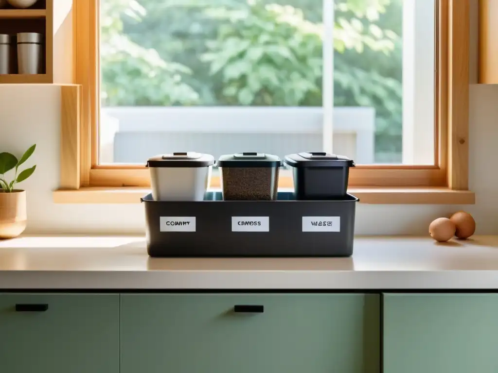 Un espacio de cocina minimalista y sereno con contenedores etiquetados para compostaje, reciclaje y residuos