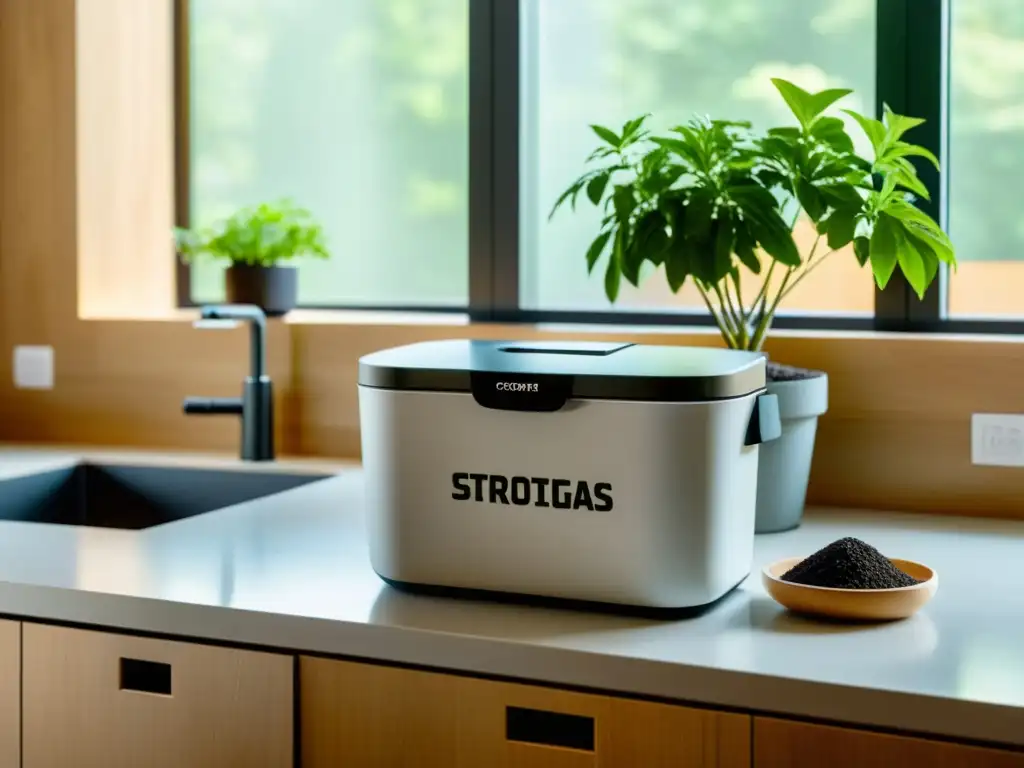 Espacio de cocina moderno con compostaje y reciclaje organizado, iluminado por luz natural