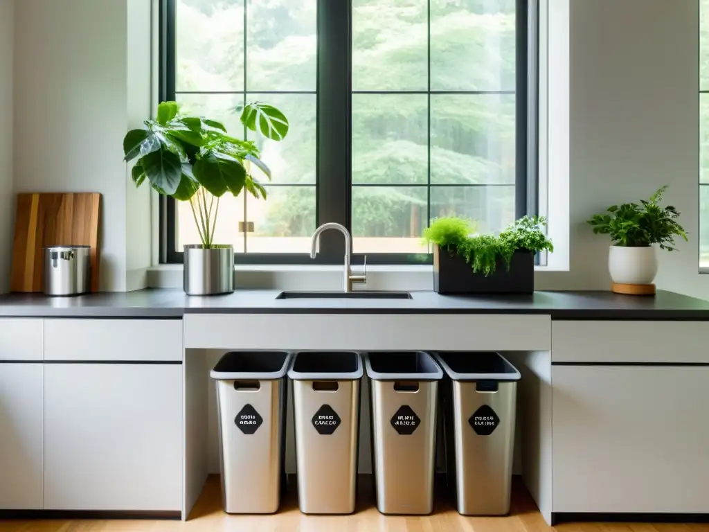 Un espacio de cocina moderno y minimalista con soluciones automáticas de reciclaje en acero inoxidable organizadas