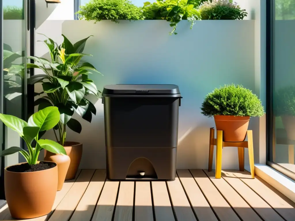 Espacio de compostaje en balcón: compostera negra en un rincón, rodeada de plantas y mesa de madera con herramientas de jardinería