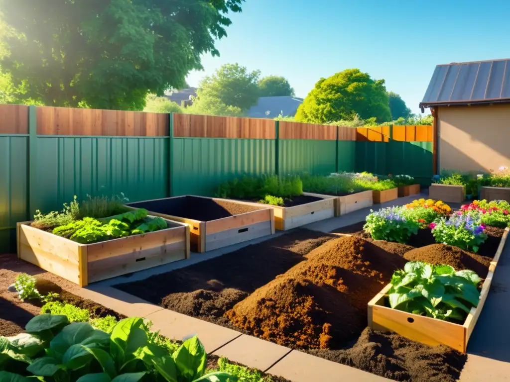 Un espacio de compostaje comunitario con plantas verdes y flores, miembros de la comunidad trabajando juntos para mantener los montones de compost