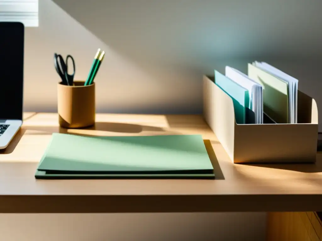 Un espacio de oficina en casa con variedad de papel reciclado para oficina, bañado en luz natural