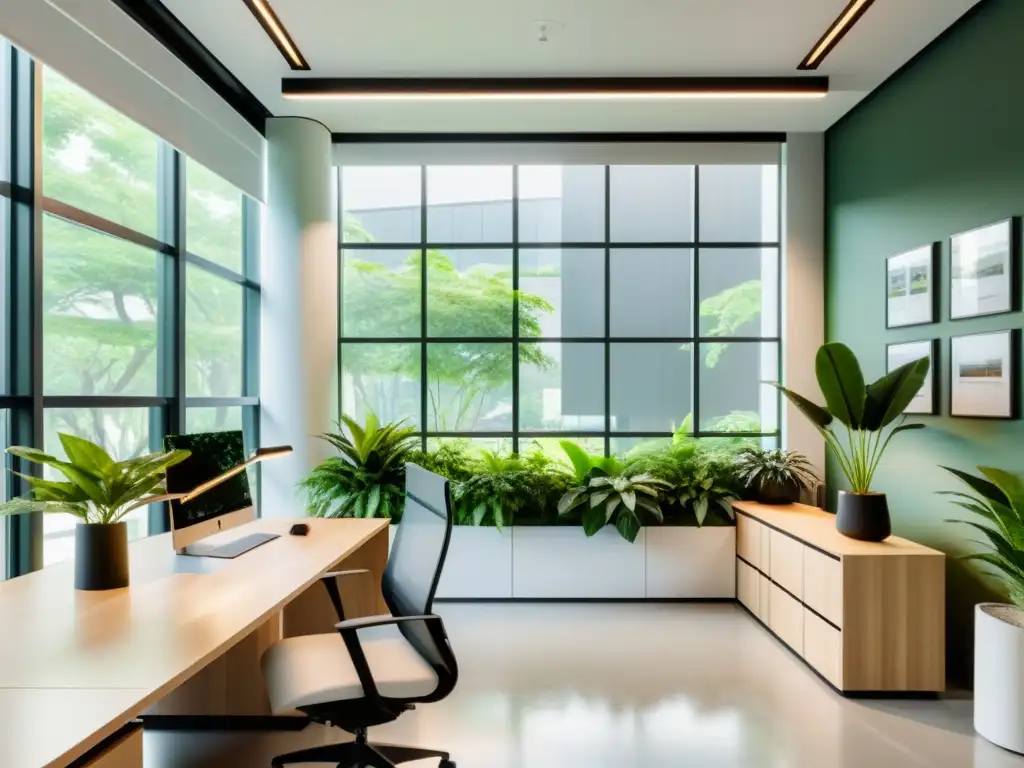 Oficina ecológica: Diseño minimalista y sostenible en 8K Espacio de oficina moderno con mobiliario minimalista y vegetación exuberante, iluminado por luz natural