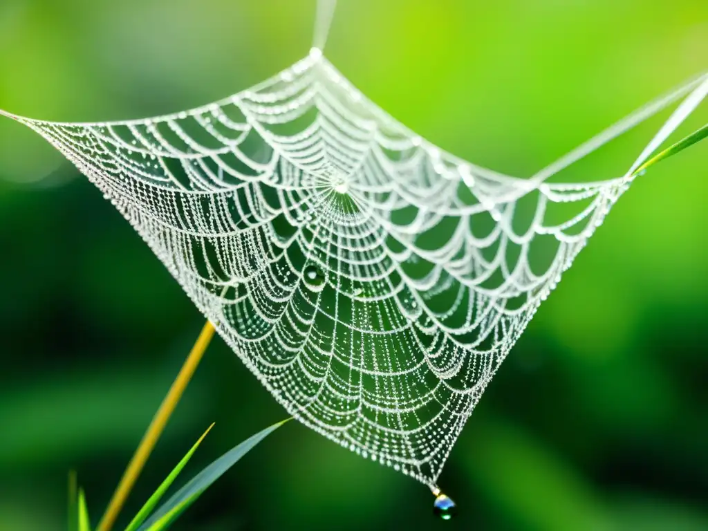 Espectacular red de telaraña cubierta de rocío entre el verde vibrante