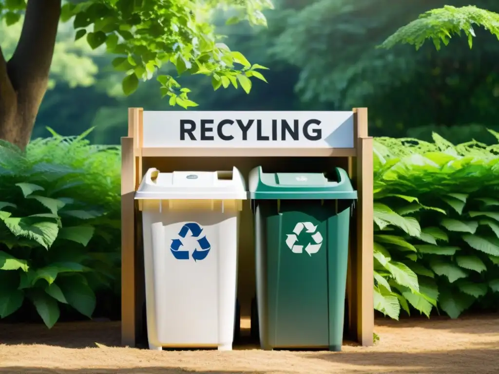 Una estación de reciclaje y compostaje ordenada y tranquila en medio de exuberante vegetación