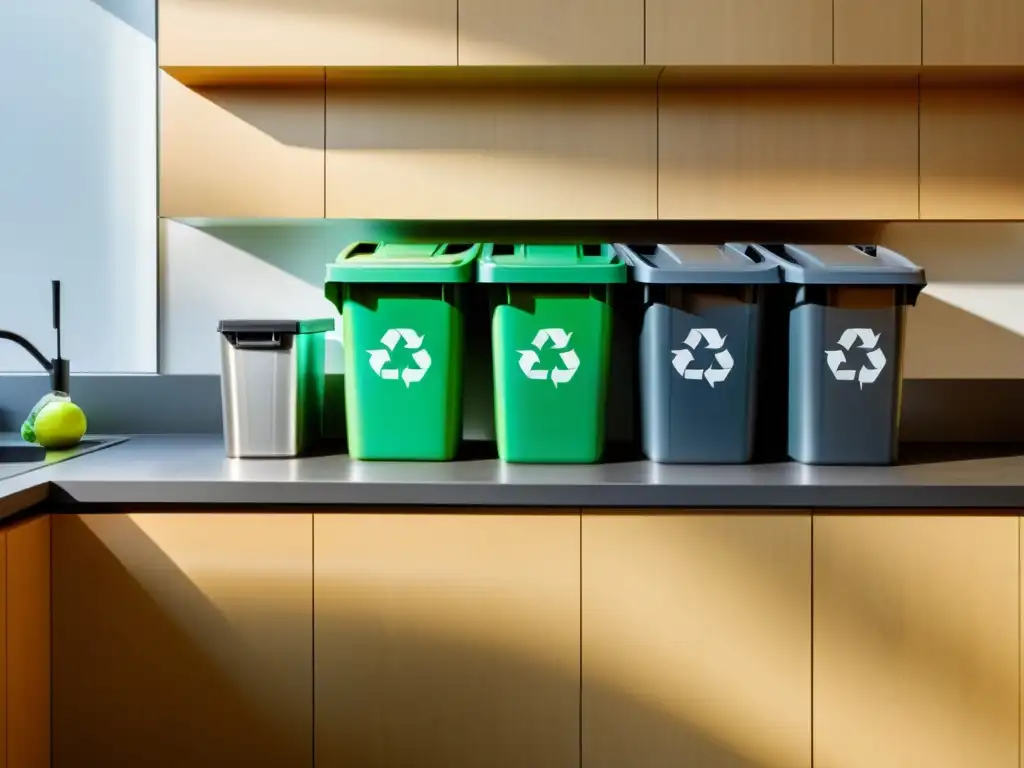 Una estación de reciclaje moderna y organizada en la cocina de casa, resalta la importancia del reciclaje en casa con elegancia y practicidad